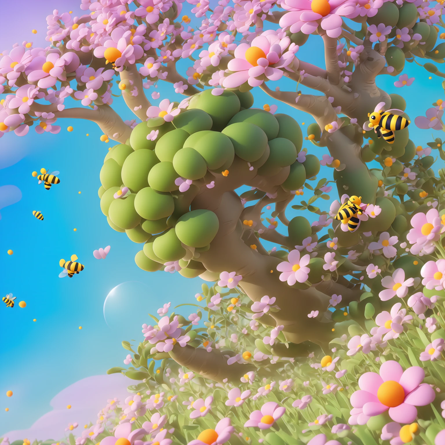 there is a bee flying over a field of flowers with a bee, a 3D render by jeonseok lee, trending on polycount, conceptual art, cute 3 d render, soft 3d render, cute! c4d, stylized as a 3d render, stylized 3d render, adorable digital painting, cute detailed digital art, 3 d bee