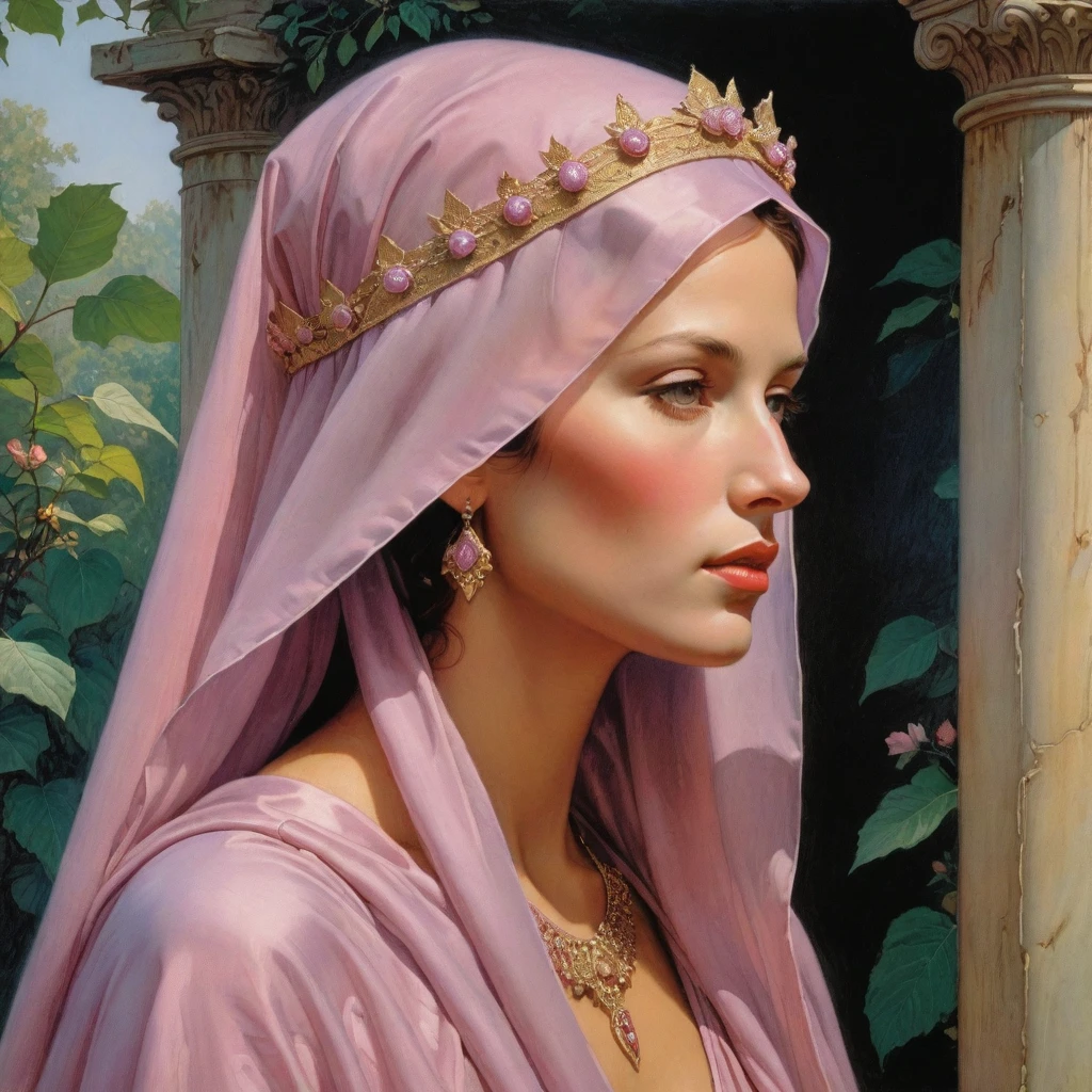 Masterpiece, (realistic), (propaganda poster), ((Moebius Jean Giraud)), (((haughty profile portrait of a veiled and Roman woman, crown, young, priestess, sensual, imposing, dignified, proud, arrogant, wearing silk pink and mauve robes with detailed moth, rose elements))), ((Corinthian columns, jungle background, moths))