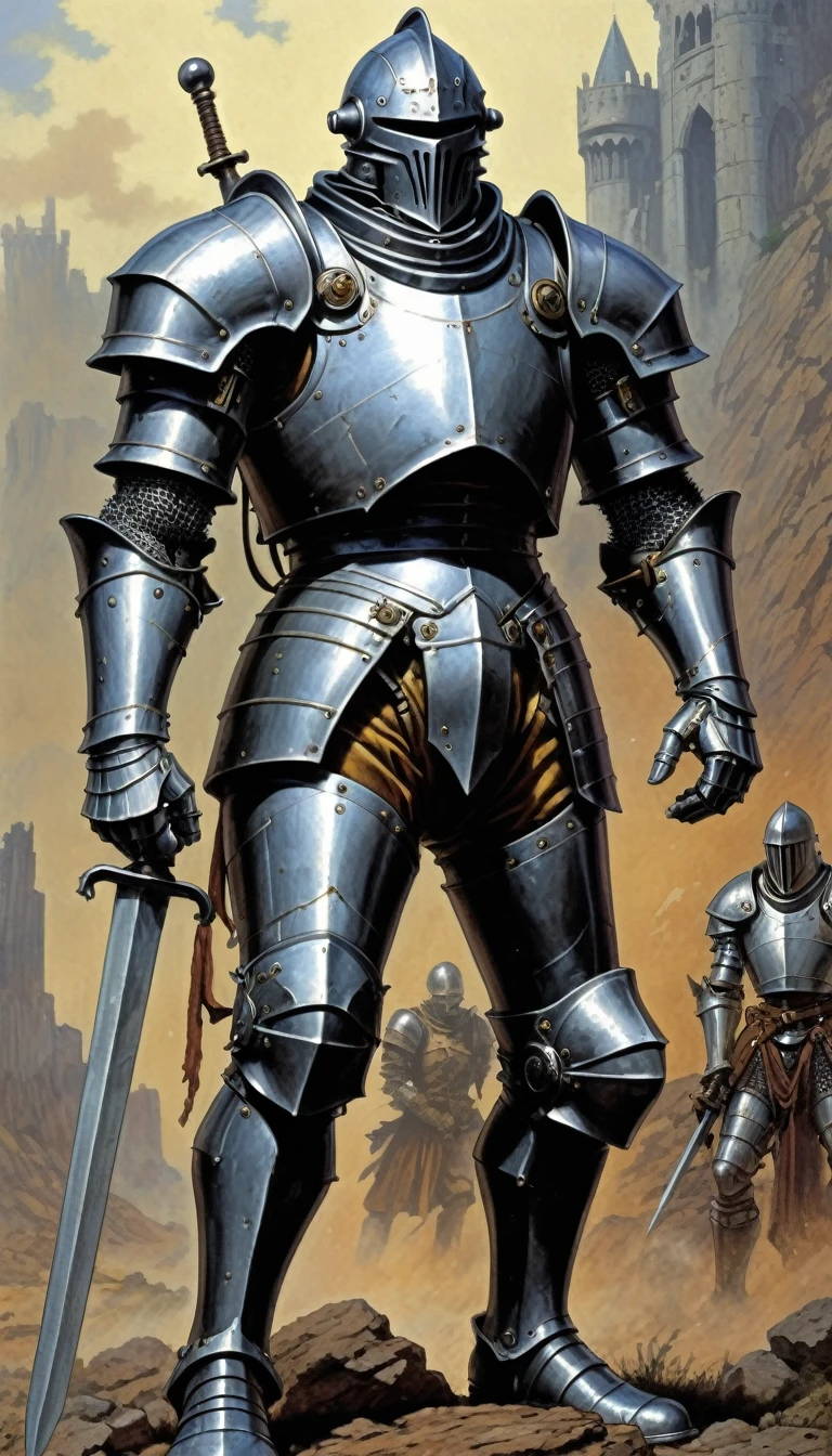 John Blanche Style - begets the Knight, inspired by the Romans , Metal Alchemist Full Mechanic Suit, a full body image of a legendary hero, Intense battlefield, on the cover of an illustrated 80s fantasy RPG
