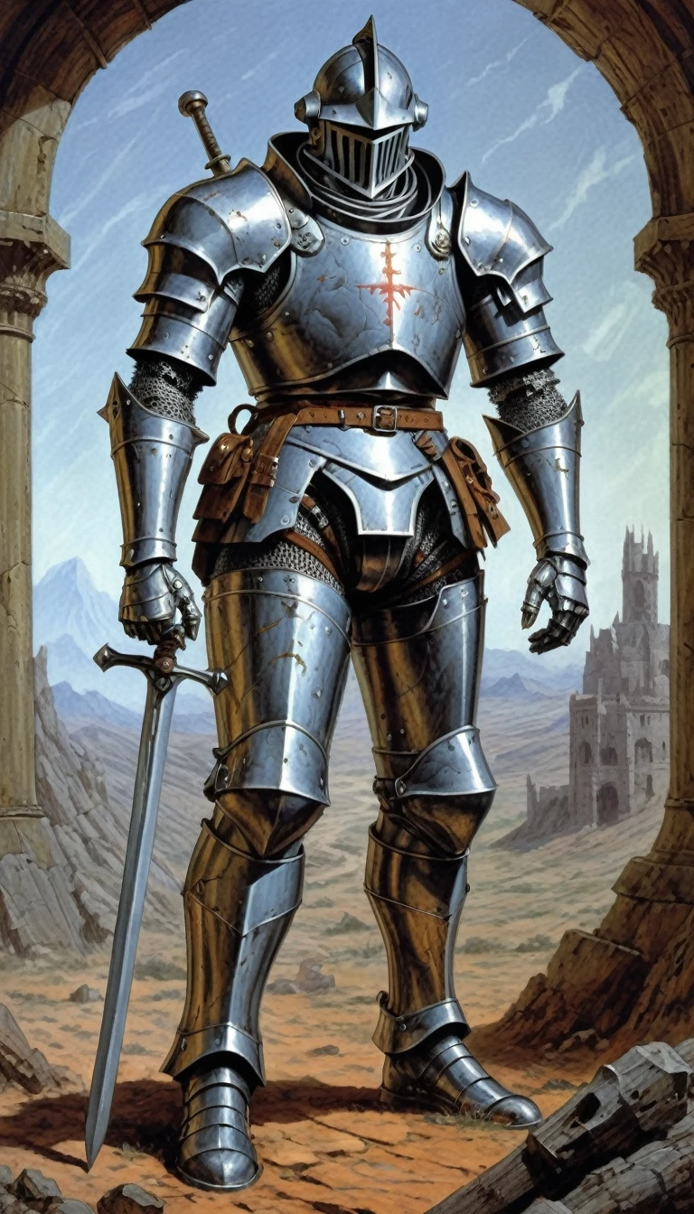 John Blanche Style - begets the Knight, inspired by the Romans , Metal Alchemist Full Mechanic Suit, a full body image of a legendary hero, Intense battlefield, on the cover of an illustrated 80s fantasy RPG