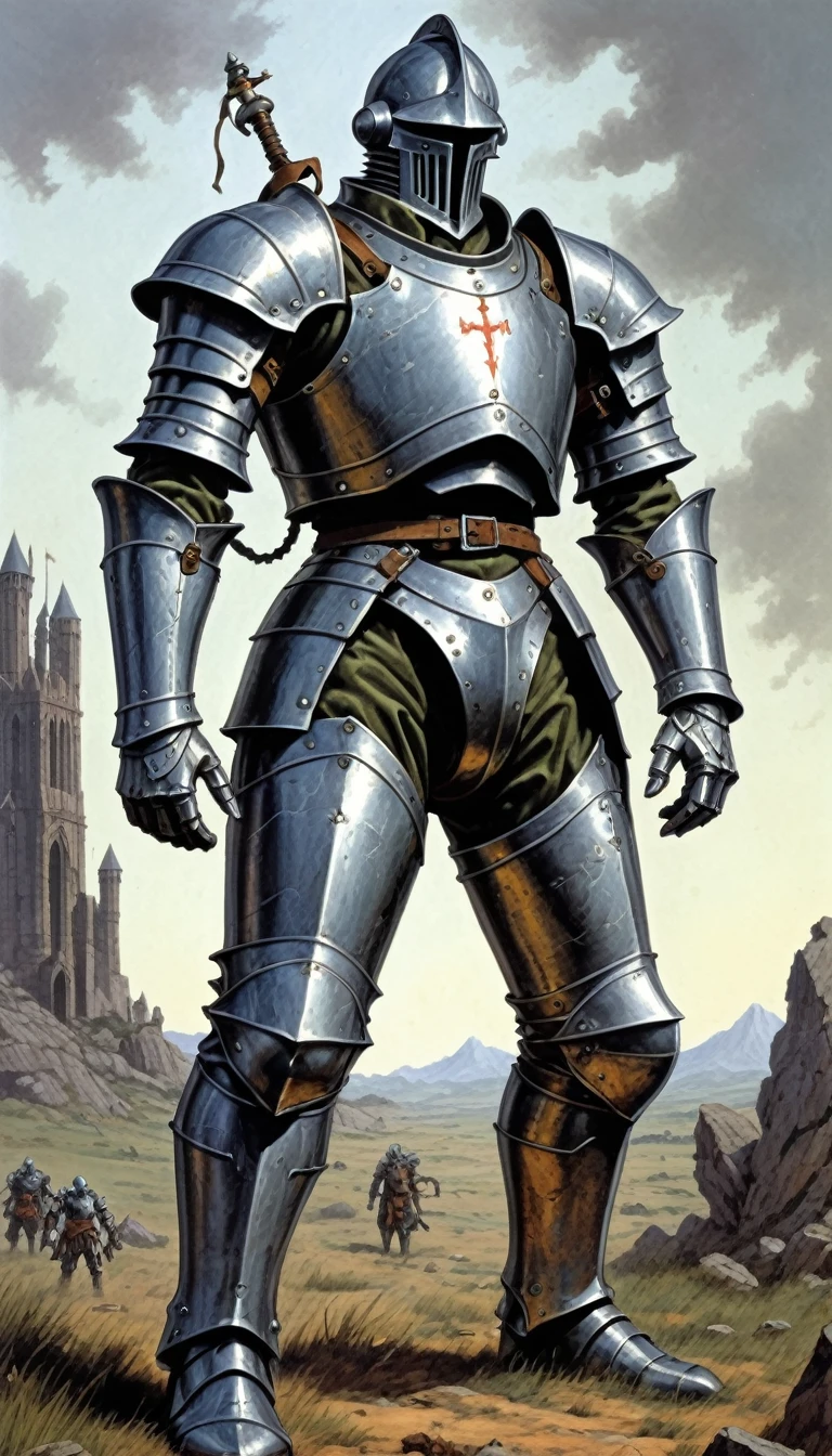 John Blanche Style - begets the Knight, inspired by the Romans , Metal Alchemist Full Mechanic Suit, a full body image of a legendary hero, Intense battlefield, on the cover of an illustrated 80s fantasy RPG