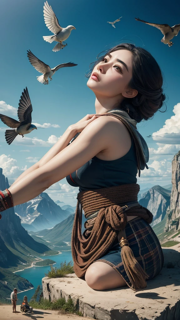 a woman lying on the ground, Birds perched on her lap, Gulliver's Travels, Gulliver's Travels, maurizio cattelan, detailed concept photography, sports creative image composition, surreal object photography, by Storm Thorgerson, surreal nightmare scene, miniature photography , stills from God of War, by Leandro Erlich, terry gilliam, little people!! !, manipulation.fan bing.Beautiful giant girl.