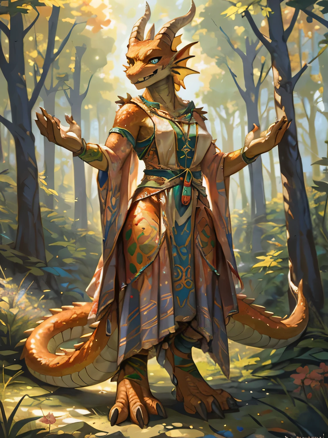 dragonborn, copper dragon scale skin, horn, female, standing, strong, druid priestess, magical forest, light particles, Pino Daeni, Michael & Inessa Garmash, yupa, mpasto, masterpieces, official art, anthro, 