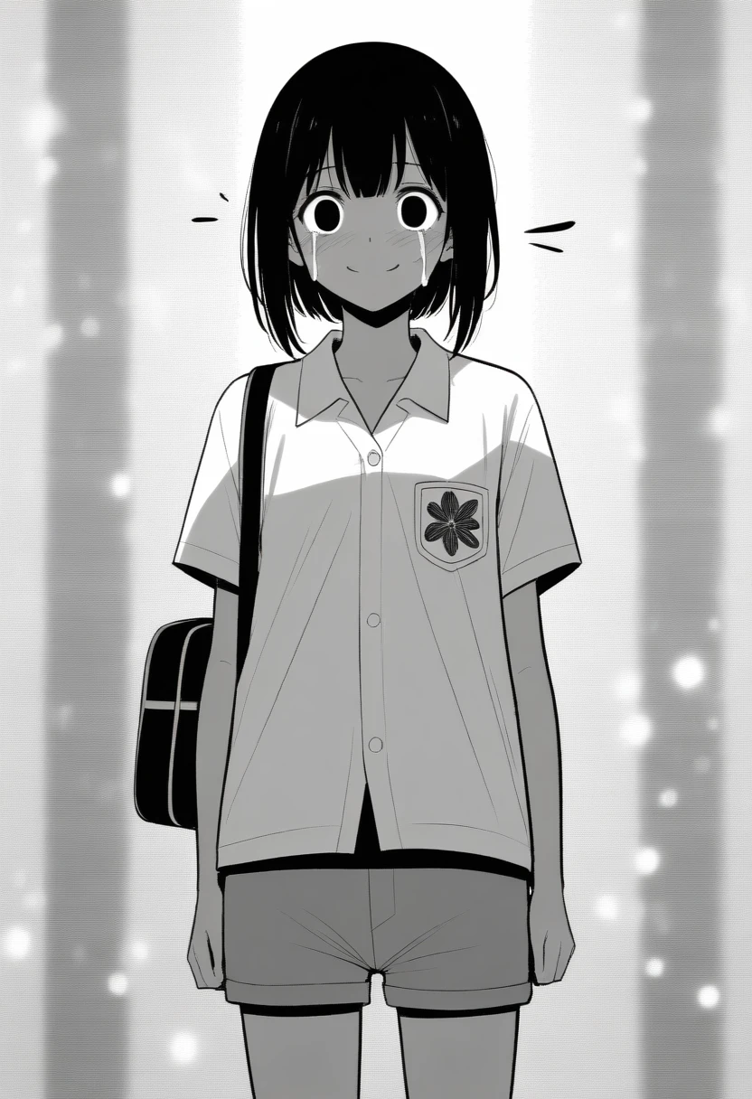 masterpiece, best quality, 1girl, yui_\(princess_connect!)\, mamerakkkkko, greyscale, manga style, japanese, chi no wadachi, black eyes, street, iced, black hair, schoolbag, smile, lineart, white background, white shirt, grey shorts, centered, 18 years old, tall, fair skinned, bokeh background, crying, tears, straight-on, tears streaming