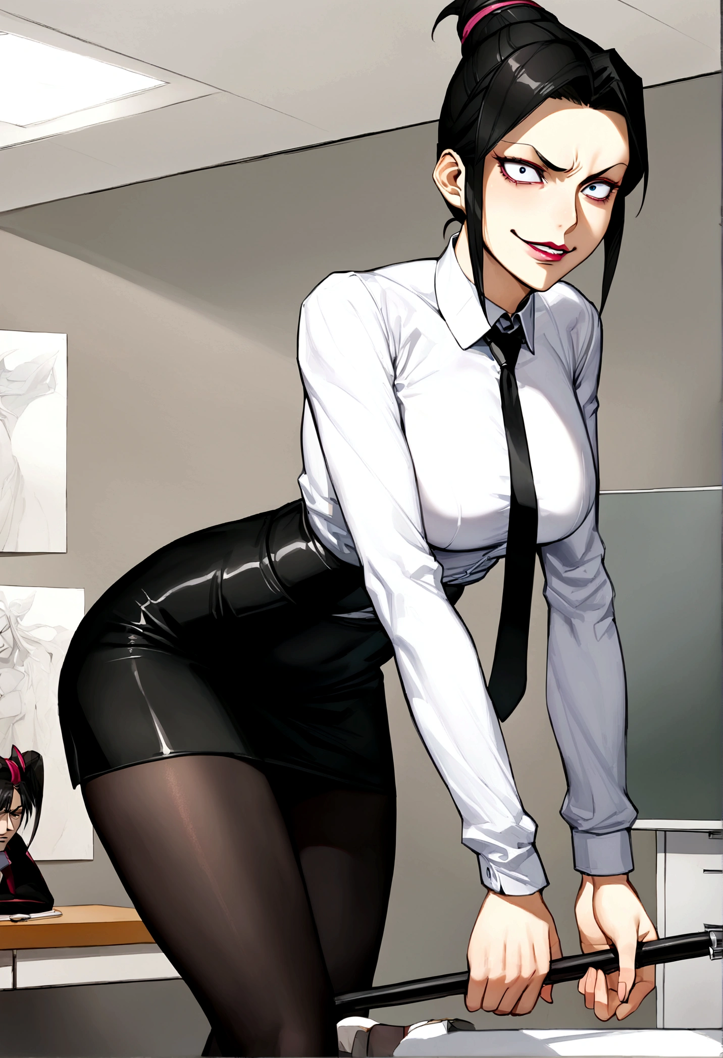 juri han, work of art, tight white secretary shirt with black tie, black high waist skirt, short skirt,stocking, black hair, black tights,evil smile,office,franja nos olhos,iluminação,chifre de cabelos,visão de cima,olhando para cima