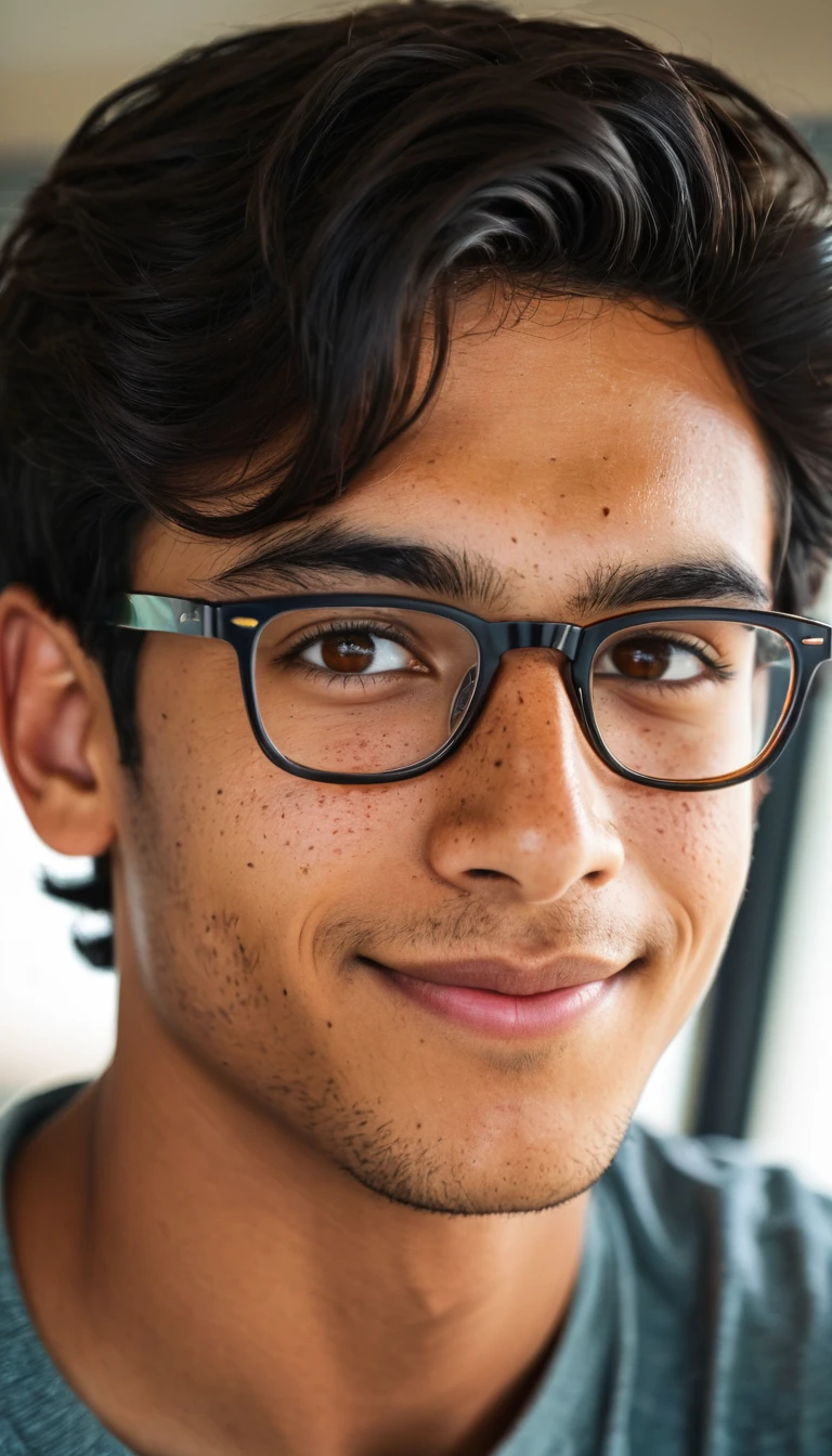 (photography,realistic:1.4),
23yo , male,black hair,smart looking,maldivian,classroom looking out of window,cinematic lighting,Highly detailed eyes, highly detailed face, brown eyes,freckles,glasses,smiling