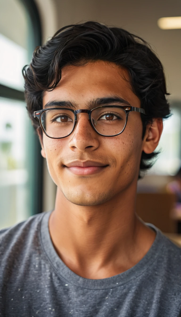(photography,realistic:1.4),
23yo , male,black hair,smart looking,maldivian,classroom looking out of window,cinematic lighting,Highly detailed eyes, highly detailed face, brown eyes,freckles,glasses,smiling