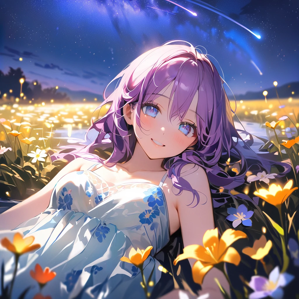 One Woman lying down in a Flower Field, A beautiful Night Sky illuminates the Lake in the middle of the Field,
The Background is filled with Fireflies dancing in the Moonlight, a small smile adornes her face,
her big blue reflective eyes light up in excitement as small shooting stars fall down over the far horizon,
Long Purple Hair with glowing blue strands going down, Fantasy Flower grow around her body, A long flowery Dress adornes her Body,