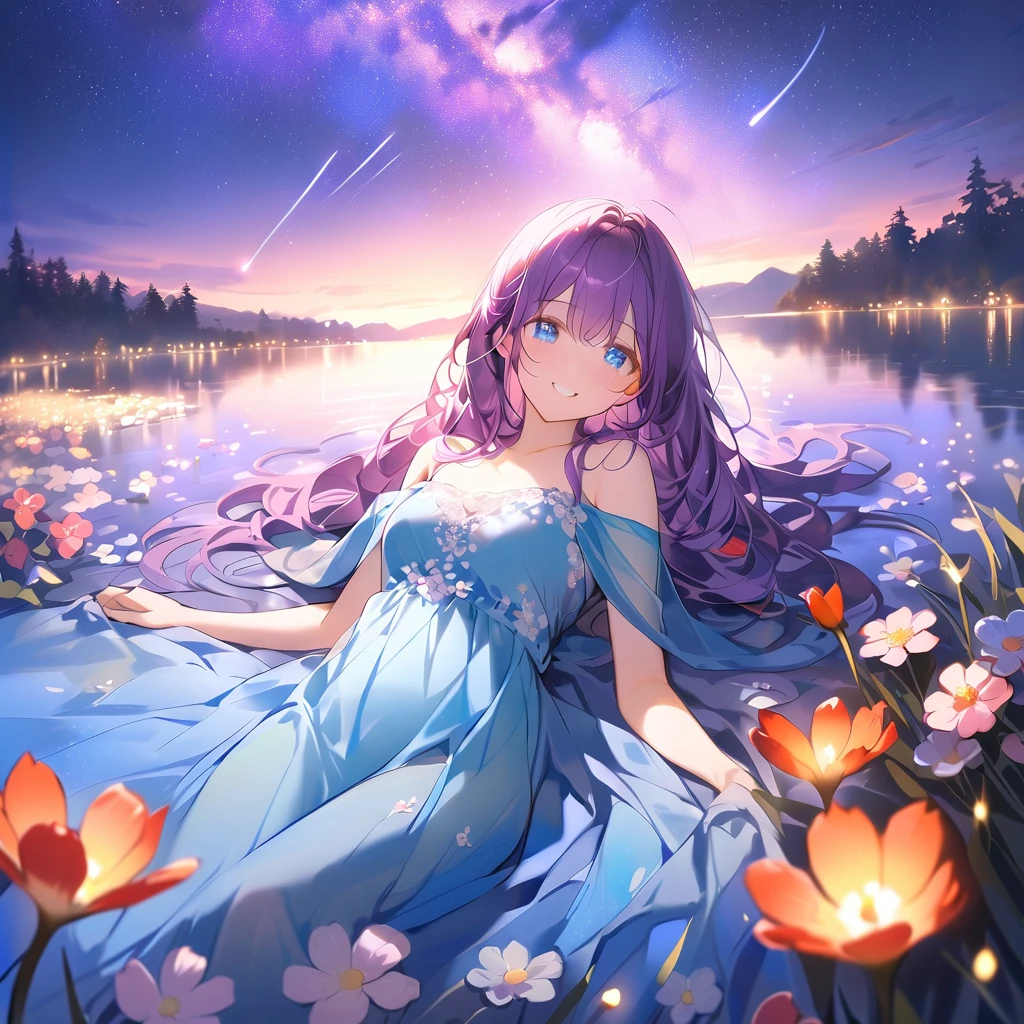 One Woman lying down in a Flower Field, A beautiful Night Sky illuminates the Lake in the middle of the Field,
The Background is filled with Fireflies dancing in the Moonlight, a small smile adornes her face,
her big blue reflective eyes light up in excitement as small shooting stars fall down over the far horizon,
Long Purple Hair with glowing blue strands going down, Fantasy Flower grow around her body, A long flowery Dress adornes her Body,
