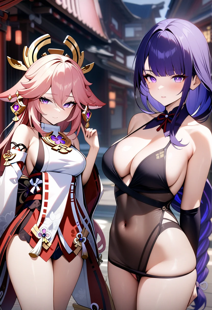 masterpiece, best quality,multiple girls, breasts, (2girls:1.3), yae miko, raiden shogun, purple eyes, pink hair, japanese clothes, purple hair, (gigantic breasts:1.4), long hair, cleavage, hair ornament, thighs, purple kimono, thighhighs, bangs, animal ears, detached sleeves, fox ears, wide sleeves, kimono, moon, weapon, braid,(kbxll:0.8),mature female,thick thighs,
plump figure,smile,