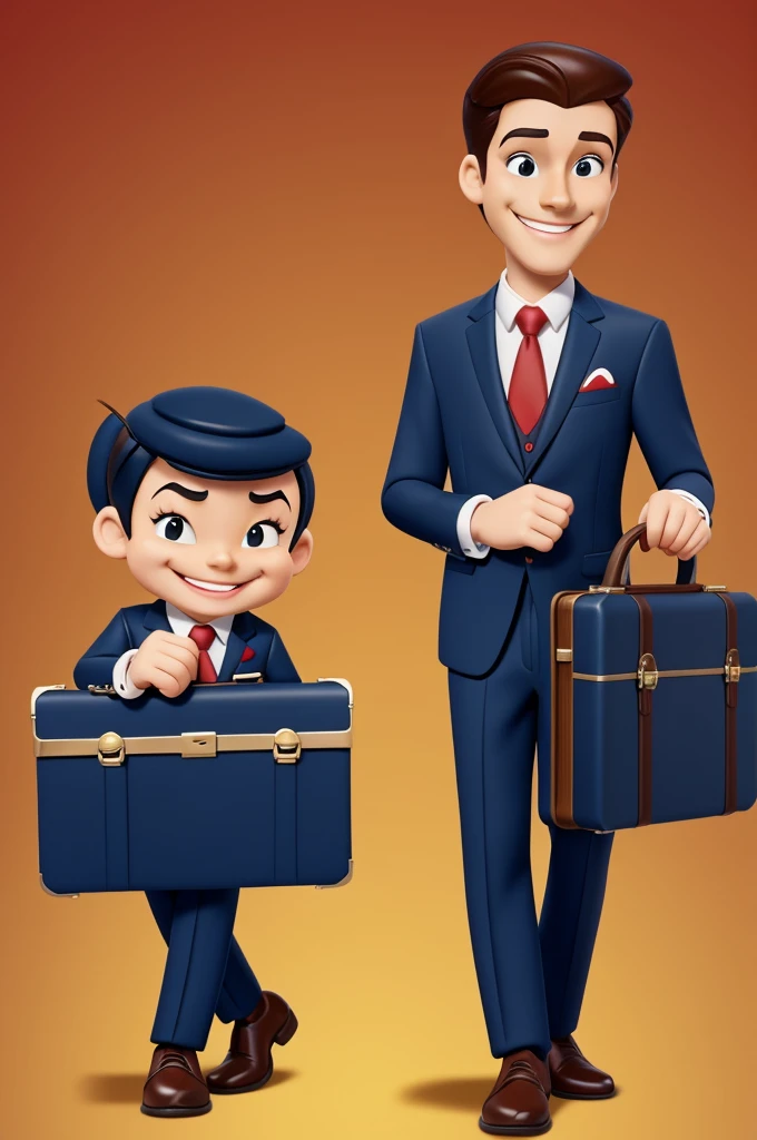 animated cartoon, Disney style, , little, wear elegant suit, use briefcase, smiling 