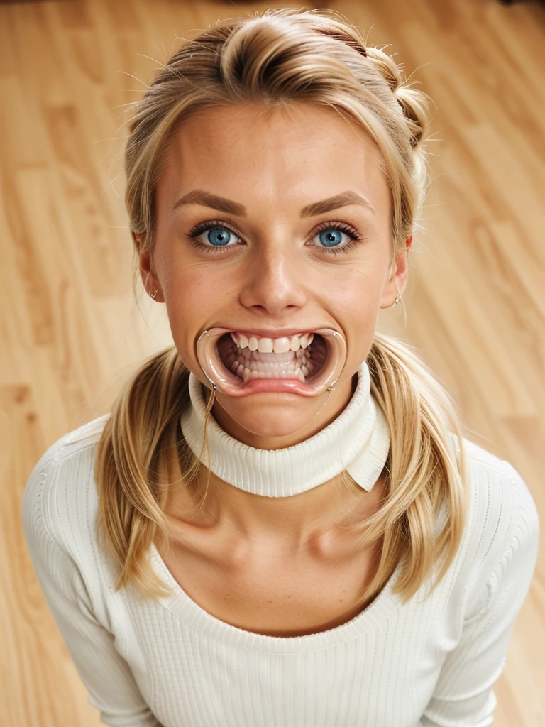 photo of a skinny blonde teen submissive wife messy long hair thrown into a messy bun ponytail. She wears: (turtleneck high ribbed bright white tight sweater:1.1), submissive seductive pose, high tight ribbed neck, seductive smile, perfect fake ????, ????? eager granny, teasing ???? old lady, mouth retractor gag, turtleneck top
