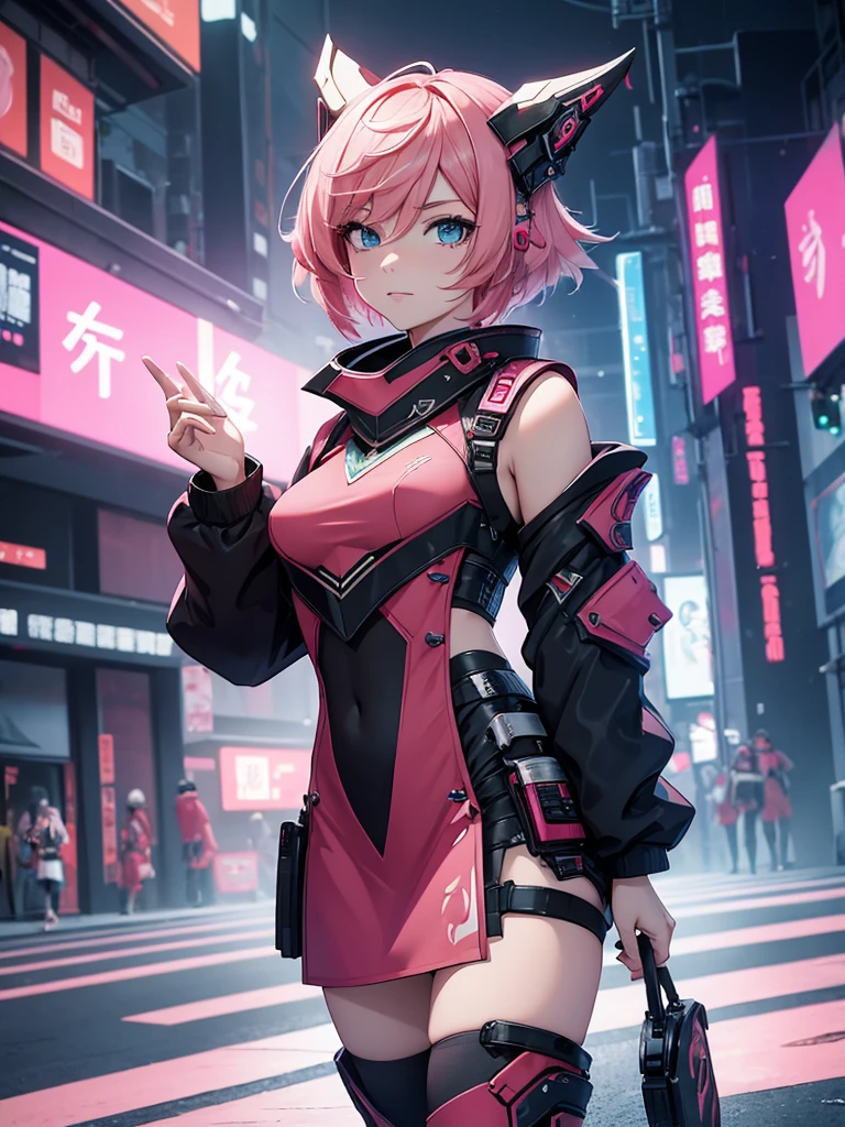 Yanfei from Genshin impact, 1girl, wearing a futuristic outfit, cyberpunk outfit, at a future city, cyberpunk look, light pink colour short hair with horns, 8k, high detailed, high quality