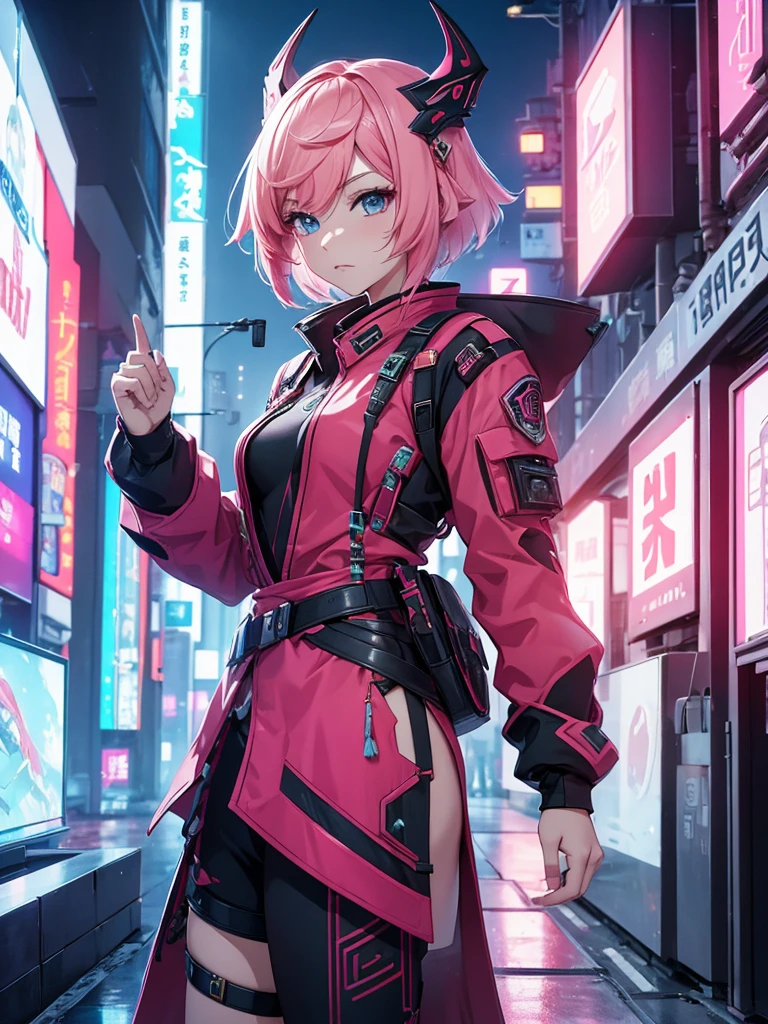 Yanfei from Genshin impact, 1girl, wearing a futuristic outfit, cyberpunk outfit, at a future city, cyberpunk look, light pink colour short hair with horns, 8k, high detailed, high quality

