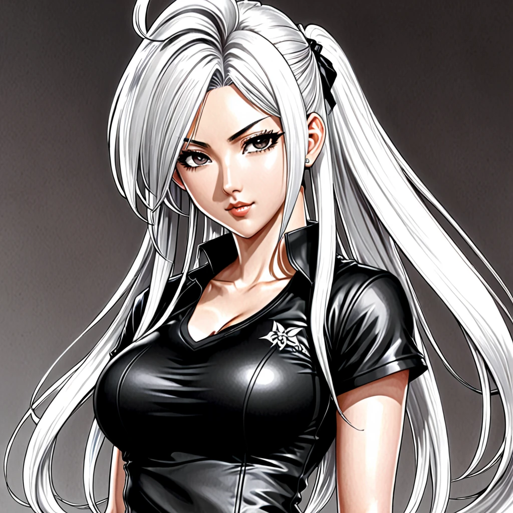 a drawing of a woman with long hair and a black top, a manga drawing by Kentaro Miura, pixiv, furry art, black and white manga style, extremely detailed artgerm, tifa lockhart with white hair, style artgerm, detailed anime character art, detailed manga style, saiyan girl, clean detailed anime style, anime style illustration