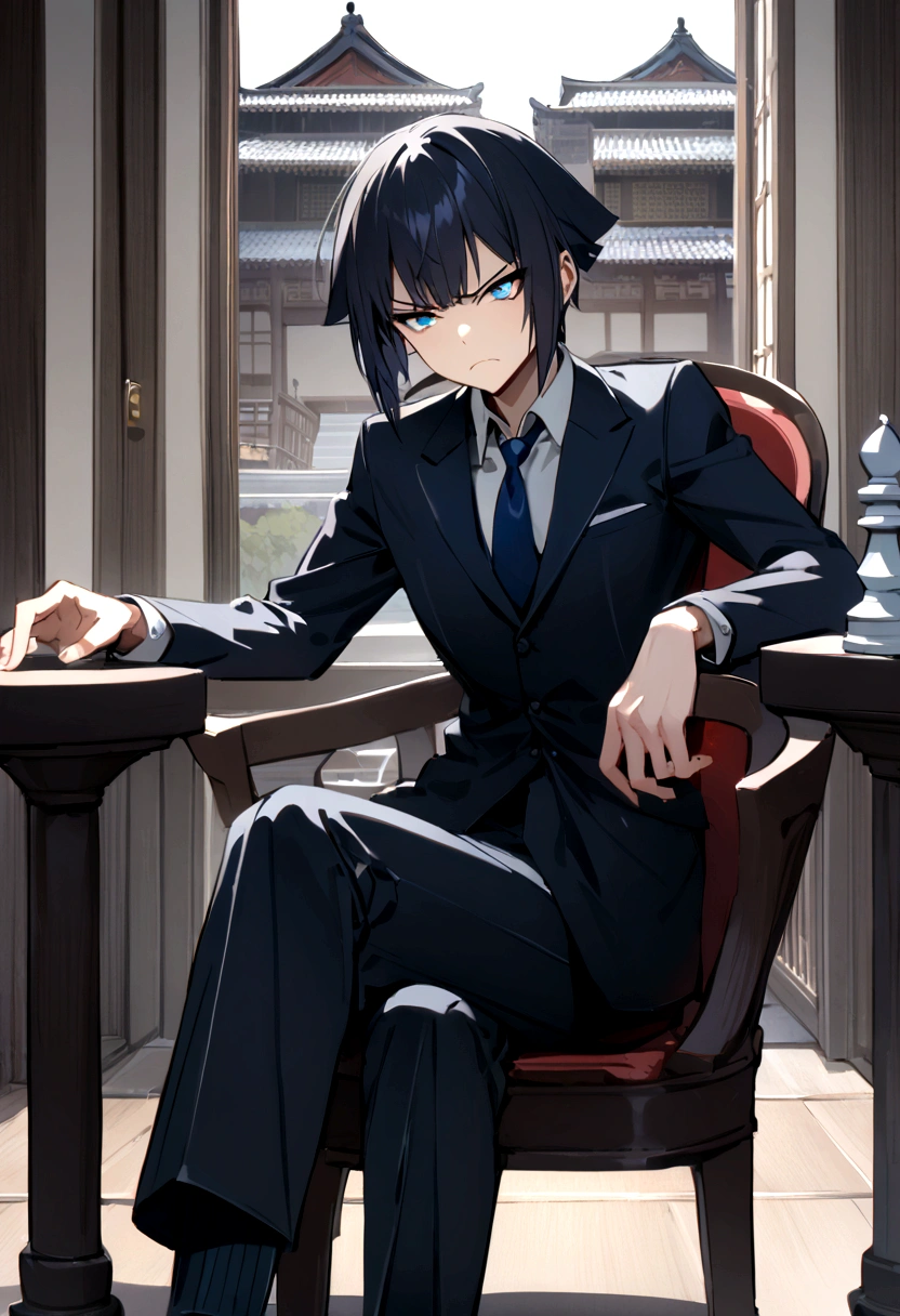 (best quality,height),mansion background,1 person,black hair,Medium length wolf cut,Asia,blue eyes,Wearing a black tailored suit,annoyed face,sitting on a chair,Play chess by yourself