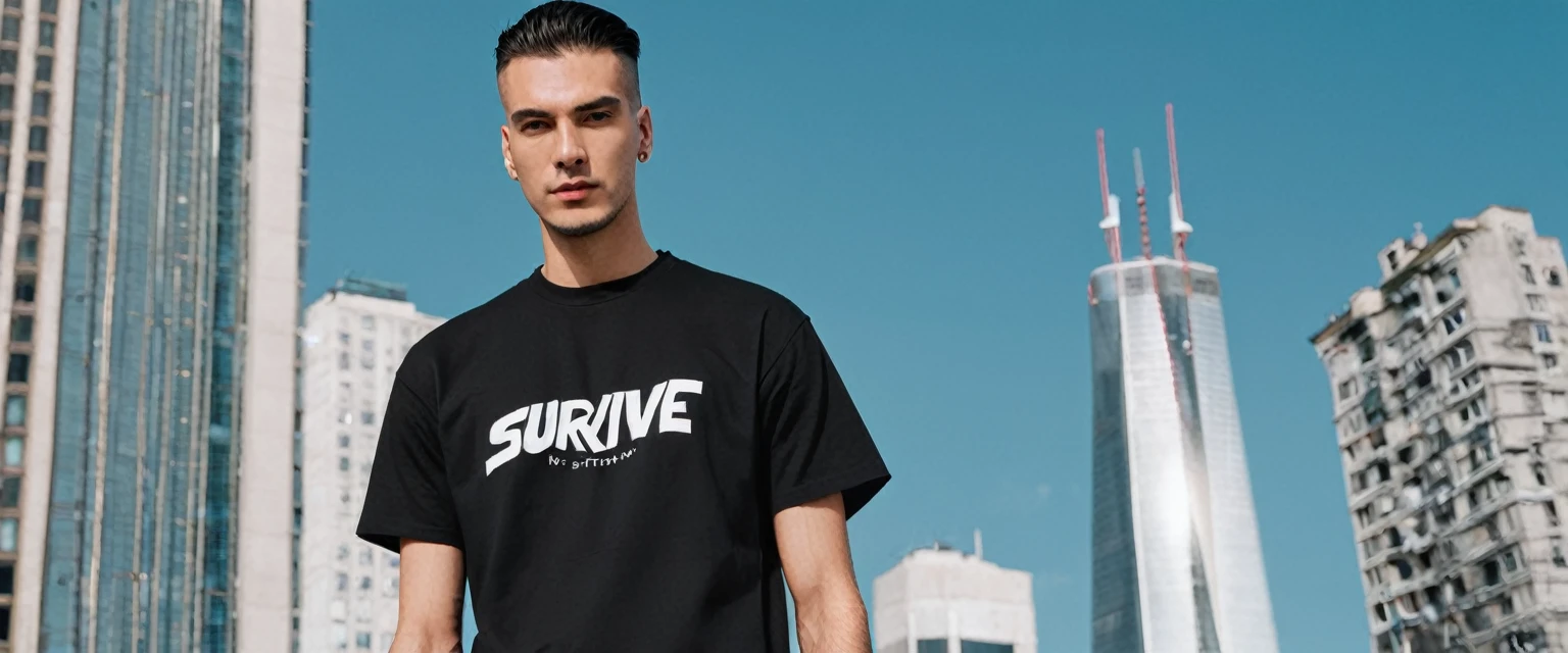 a man standing in front of a tall building, he is wearing a black tshirt, Portrait in medium plane, wearing a black tshirt, wearing a black tshirt, survive streetwear collection, wearing black tee