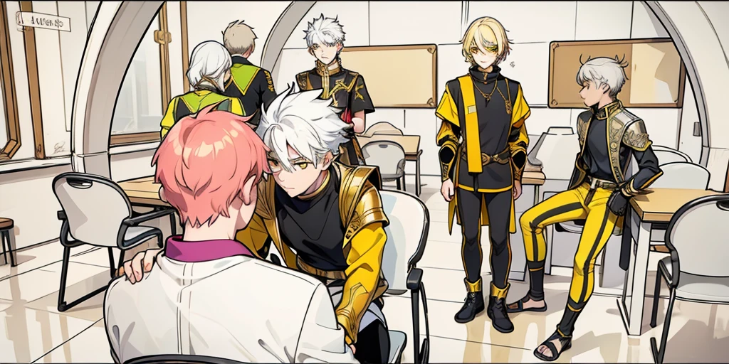 There is a group of 18-year-olds. There is a boy sitting with his back turned and several young people in front of him talk to him kindly., They have white hair and yellow eyes, black tunics, black golden armor with yellow golden jewelry., they have yellow eyes