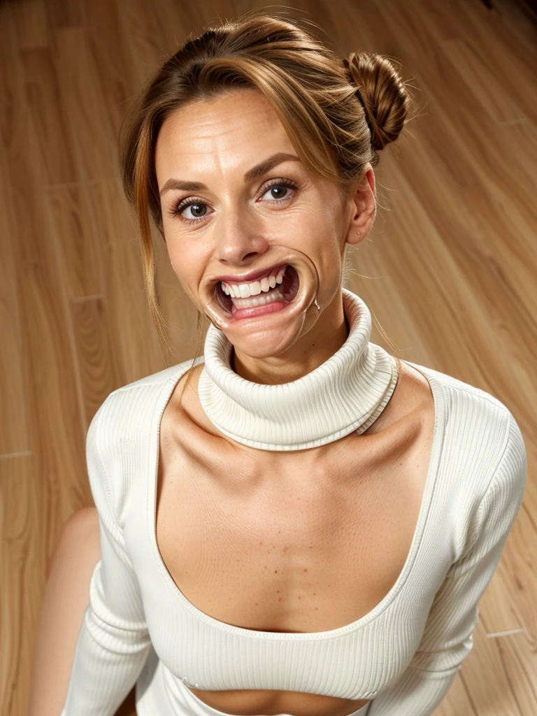 photo of a skinny very old wrinkly-faced faced mature submissive wife messy long hair thrown into a messy bun ponytail. She wears: (turtleneck high ribbed bright white tight sweater:1.1), submissive seductive pose, high tight ribbed neck, seductive smile, perfect fake tits, horny eager granny, teasing sexy old lady, mouth retractor gag, turtleneck top