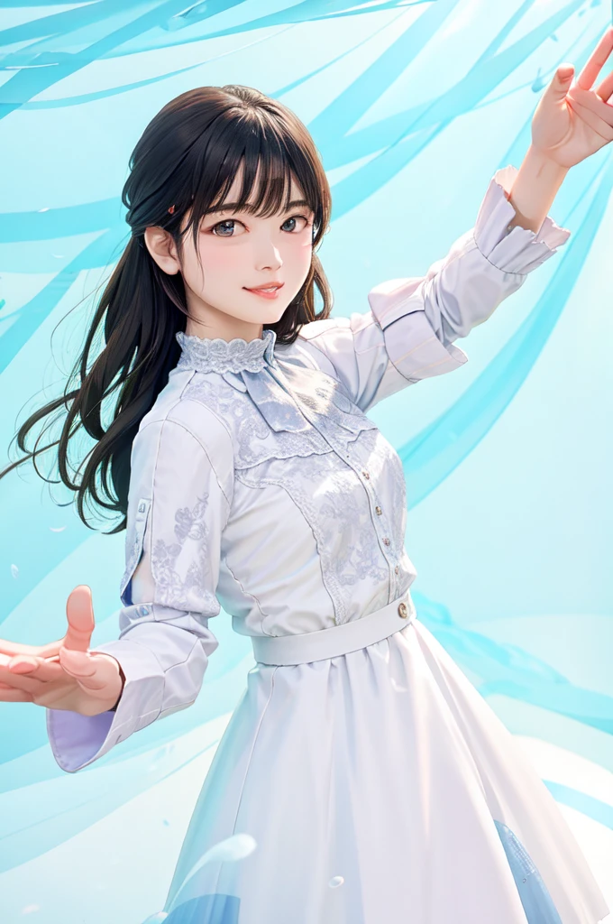 (best quality), (very aesthetic), (ultra-detailed),(Riho Yoshioka),araffe woman in a blue shirt and blue skirt , casual clothing style, shirt, loose - fitting blouses, summer shirt, short sleeves, summer sky, trendy clothes, large view, Japanese women's fashion,