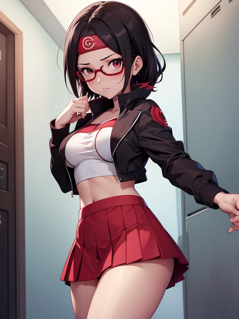 (Perfect body),Best Quality, K、(Lori)、(Kimono)、(shrine maiden)、sleeve less、(a miniskirt)、(((blush)))、:D、Eyes closed、I have my mouth wide open、Wavy mouth、Tsuriformes、Blunt bangs、(short-hair)、(((bob cuts)))、(Red Eyes),((Black hair)),(Sweat)、((red scarf))、((Big ass))、flat chest、(((thick thighs)))、Armpits、(Classroom)