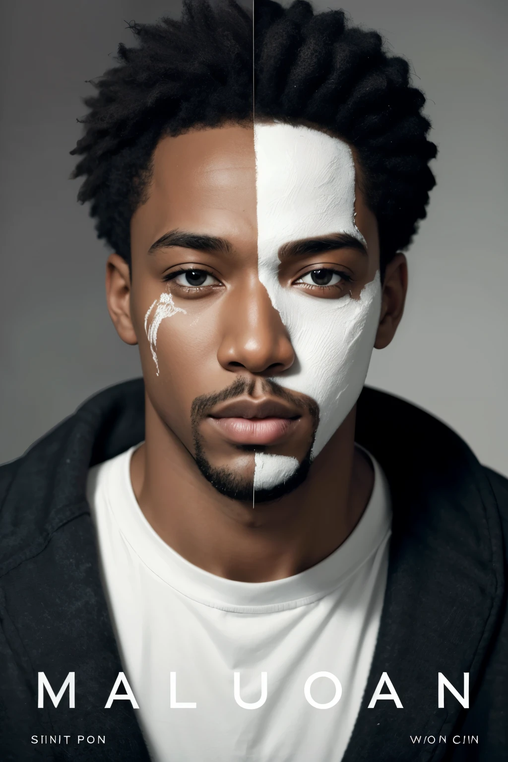 Create a book cover with the following description: a black man with half the body, putting white paint on your face