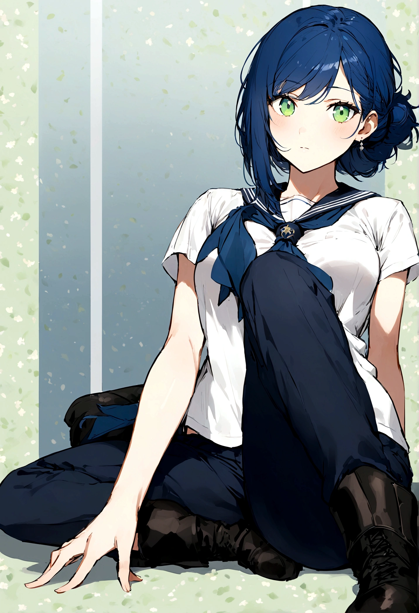 young woman, short blue hair, medium breast, low rank, athletic, frekles, confident,white short-sleeved shirt,dark blue trousers, black boots, and a blue neckerchief., bright green eyes