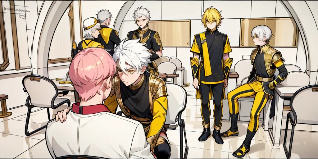 There is a boy sitting with his back turned and several 30-year-olds in front of him talk to him kindly., They have white hair and yellow eyes, black tunics, black golden armor with yellow golden jewelry., they have yellow eyes