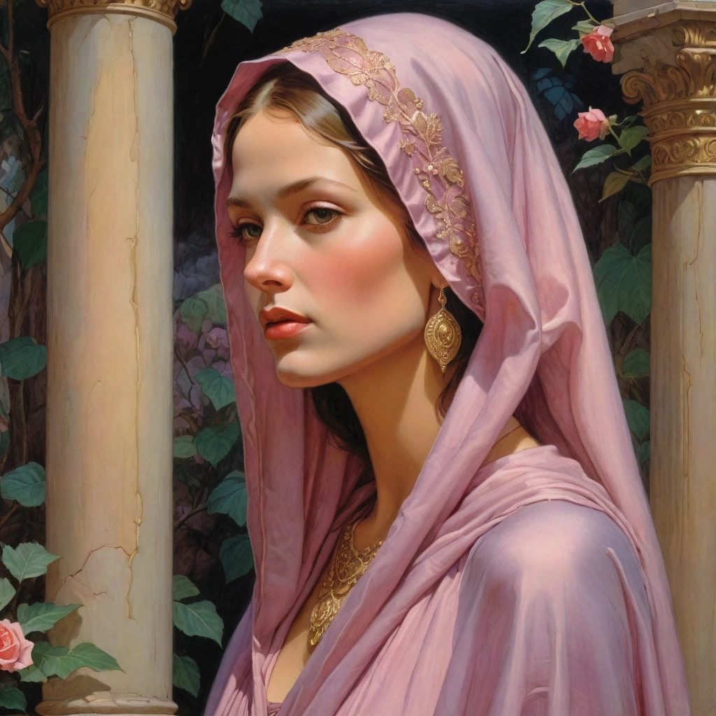 Masterpiece, (realistic), (propaganda poster), ((Moebius Jean Giraud)), (((haughty upright profile portrait of a veiled and Roman woman, young, priestess, sensual, imposing, dignified, proud, arrogant, wearing silk pink and mauve robes with detailed moth, rose elements))), ((Corinthian columns, jungle background, moths))