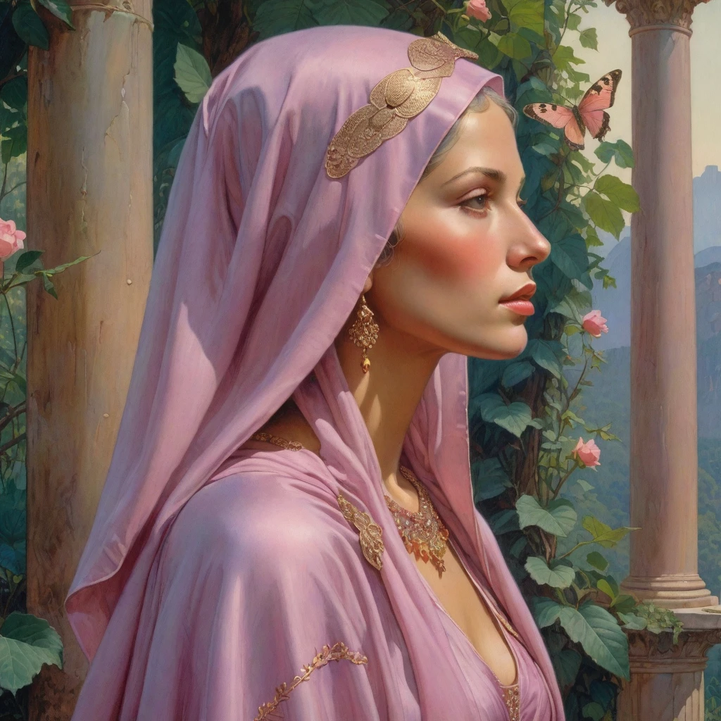 Masterpiece, (realistic), (propaganda poster), ((Moebius Jean Giraud)), (((haughty upright profile portrait of a veiled and Roman woman, young, priestess, sensual, imposing, dignified, proud, arrogant, wearing silk pink and mauve robes with detailed moth, rose elements))), ((Corinthian columns, jungle background, moths))