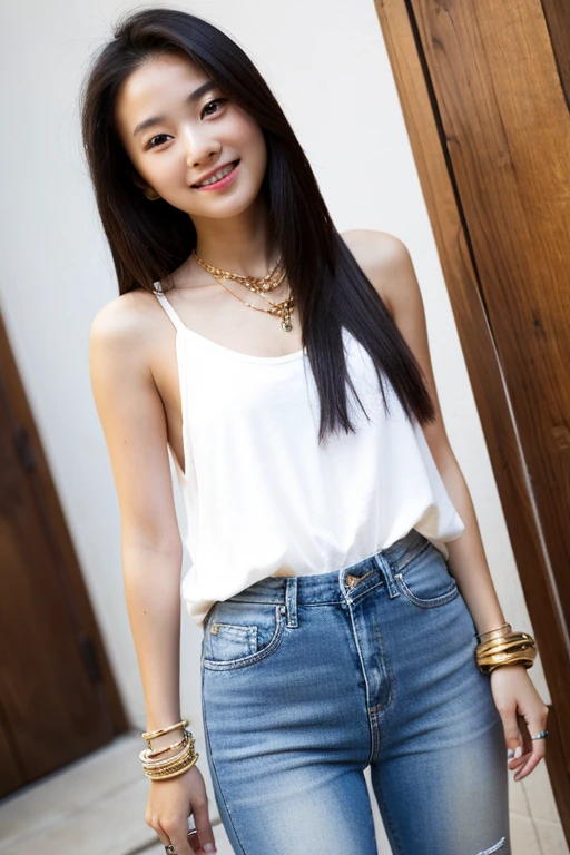 ((best quality)), ((masterpiece)), (detailed), 1girl, beautiful straight black long hair ,beautiful smile , sexy pose ,standing position , white Singlet , blue jeans , luxury golden necklace ,luxury bracelets