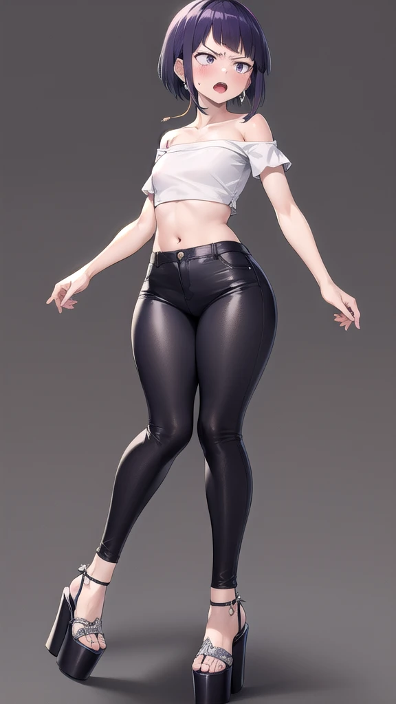 kyoka jiro, 1girl, solo, breasts, blush, short hair, bangs, simple forest background, strapless mini croptop, black tight pants, ((open-toe platform high heels)), open mouth, purple eyes, collarbone, full body, purple hair, short sleeves, blunt bangs, looking away, long earlobes, tiny waist, thick hips, angry expression