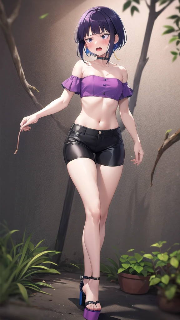 kyoka jiro, 1girl, solo, breasts, blush, short hair, bangs, simple forest background, strapless mini croptop, black tight pants, ((open-toe platform high heels)), open mouth, purple eyes, collarbone, full body, purple hair, short sleeves, blunt bangs, looking away, long earlobes, tiny waist, thick hips, angry expression