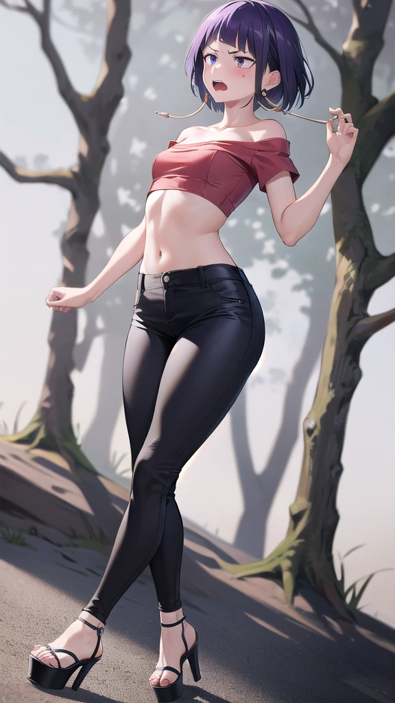 kyoka jiro, 1girl, solo, breasts, blush, short hair, bangs, simple forest background, strapless mini croptop, black tight pants, ((open-toe platform high heels)), open mouth, purple eyes, collarbone, full body, purple hair, short sleeves, blunt bangs, looking away, long earlobes, tiny waist, thick hips, angry expression