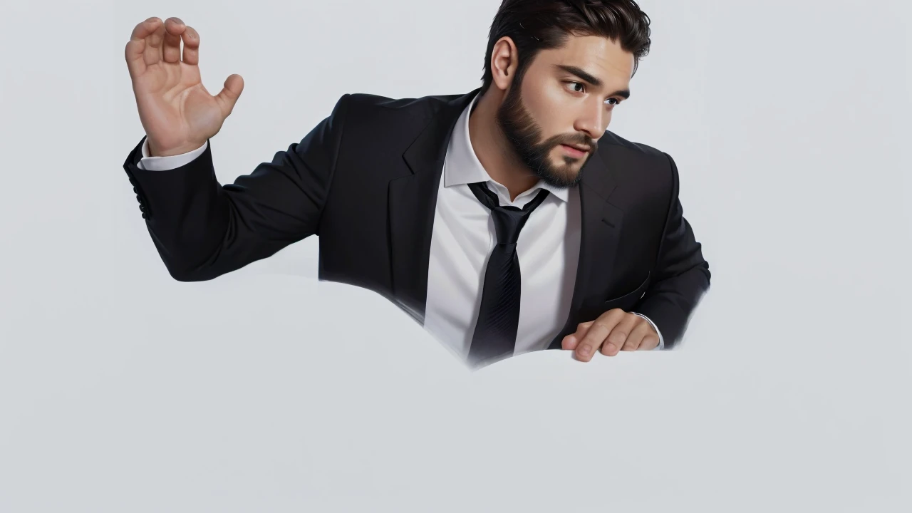 Man in suit and tie, hyperrealistic illustration, solid background, in a business suit, Man with a beard, in a white shirt, man in black suit, advertising photo, ultra realistic picture, realistic image, in a black suit and white shirt