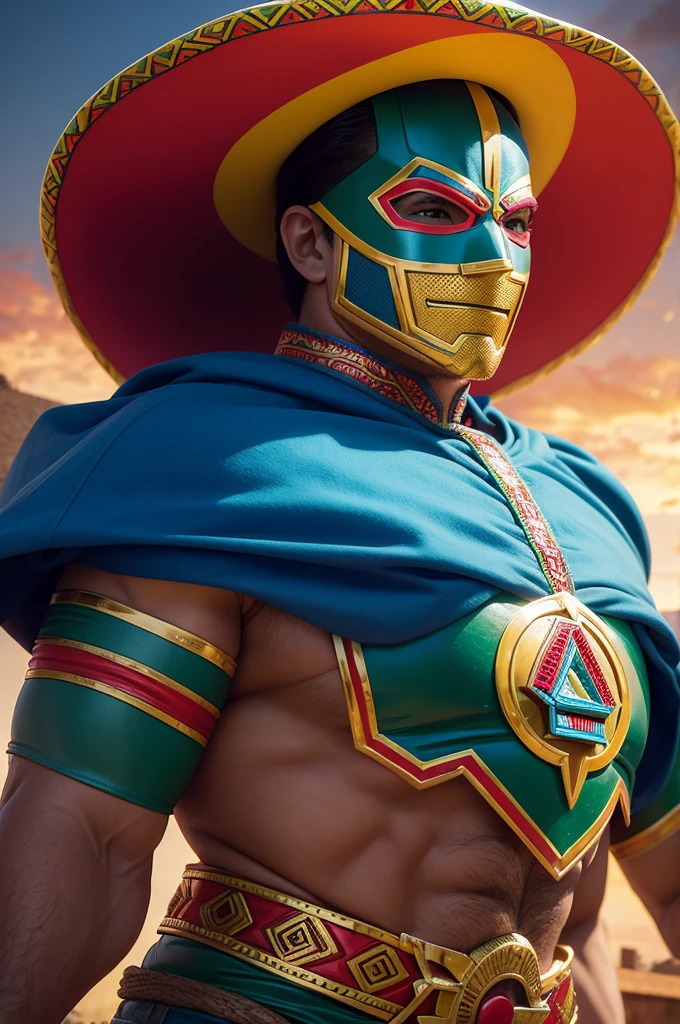 Generate image of a Mexican superhero. The superhero must have Mexican cultural elements, like traditional costumes, swirly vibrant colors, and perhaps typical accessories like sombreros or lucha libre masks. The setting may include famous Mexican tourist attractions, like the pyramids of Teotihuacán or the Templo Mayor.