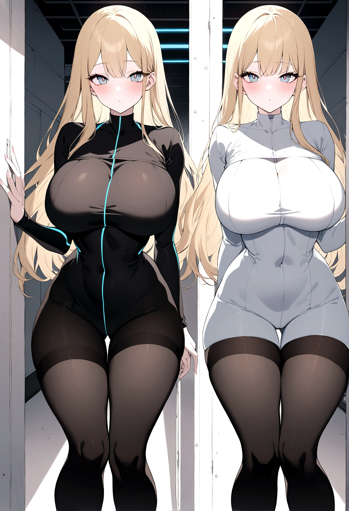 (masterpiece, 32k, 8K, White laboratory corridor setting, Characters approach the audience) Miss, 26 years old, Naturally beautiful face, #11: Long Blonde Hair with Pink Streaks, Cyberpunk style black tights, Different colored eyes, One blue eye,Another gray eye,Extra large breasts