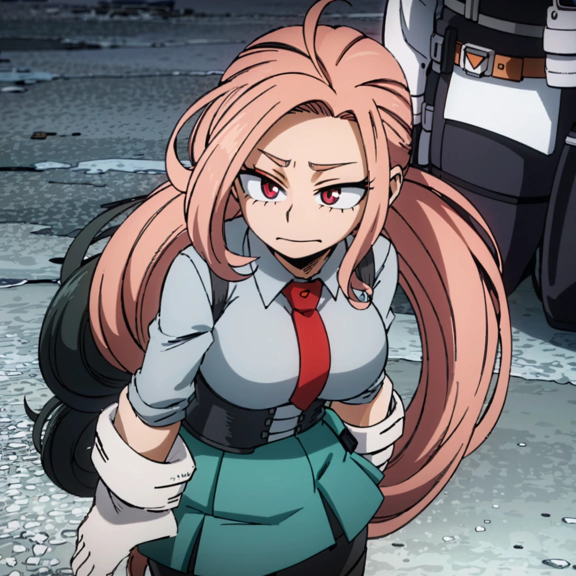 1girl, female focus, boku no hero academia, masterpiece, best quality, very aesthetic, cowboy shot, big breasts, gray jacket, red tie, white shirt, teal skirt, gray tights, boots, long curly hair, vivid orange hair, dark pink eyes, smirk