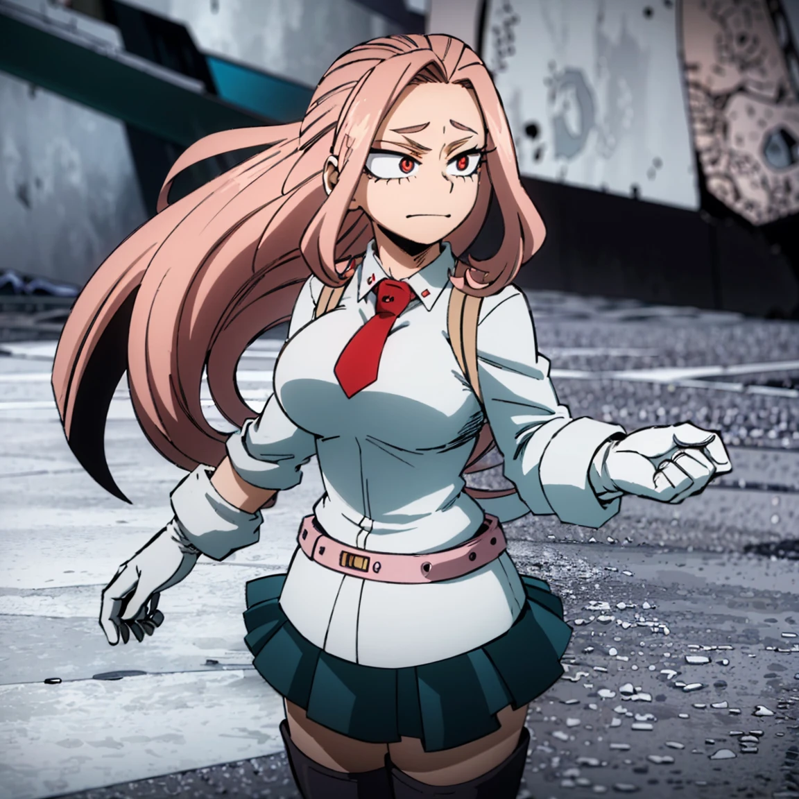 1girl, female focus, boku no hero academia, masterpiece, best quality, very aesthetic, cowboy shot, big breasts, gray jacket, red tie, white shirt, teal skirt, gray tights, boots, long curly hair, vivid orange hair, dark pink eyes, smirk