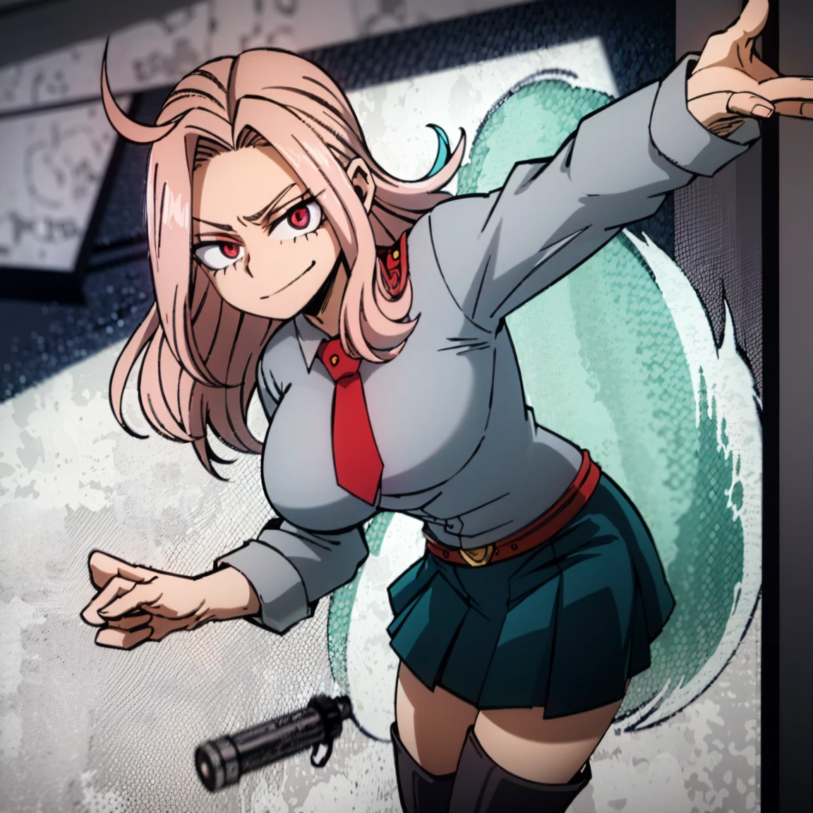 1girl, female focus, boku no hero academia, masterpiece, best quality, very aesthetic, cowboy shot, big breasts, gray jacket, red tie, white shirt, teal skirt, gray tights, boots, long curly hair, vivid orange hair, dark pink eyes, smirk