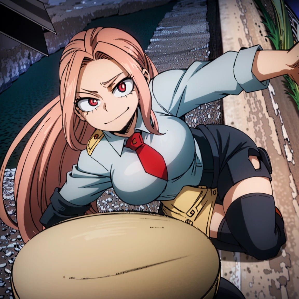 1girl, female focus, boku no hero academia, masterpiece, best quality, very aesthetic, cowboy shot, big breasts, gray jacket, red tie, white shirt, teal skirt, gray tights, boots, long curly hair, vivid orange hair, dark pink eyes, smirk