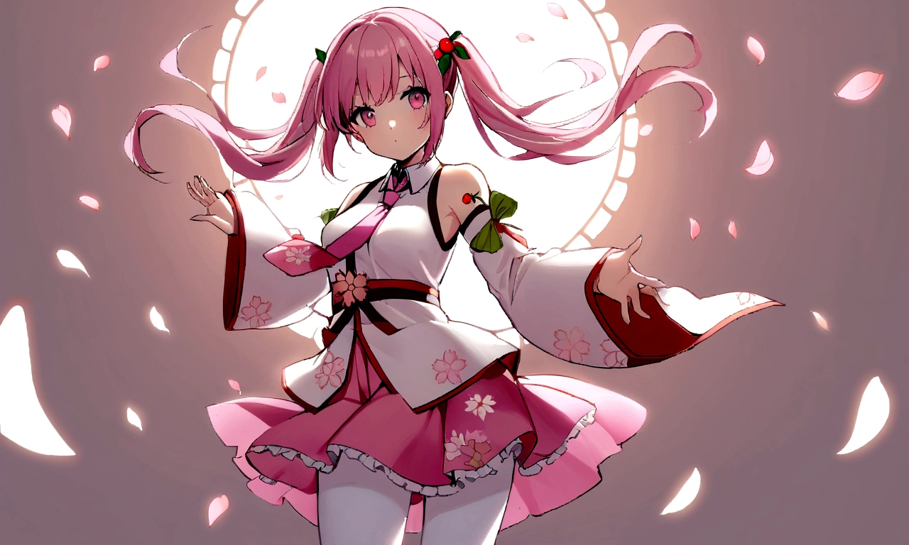 1girl, solo, pink hair, pink eyes, twintails, food-themed ornament, cherry_ornament, ((cherry_blossom print)), sleeveless, sleeveless shirt, detached sleeves, white shirt, pink necktie, petals, pink skirt, rim light, white_pantyhose, tattoo, bare_shoulders,