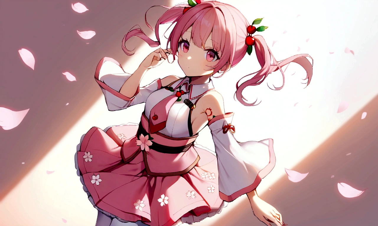 1girl, solo, pink hair, pink eyes, twintails, food-themed ornament, cherry_ornament, ((cherry_blossom print)), sleeveless, sleeveless shirt, detached sleeves, white shirt, pink necktie, petals, pink skirt, rim light, white_pantyhose, tattoo, bare_shoulders,