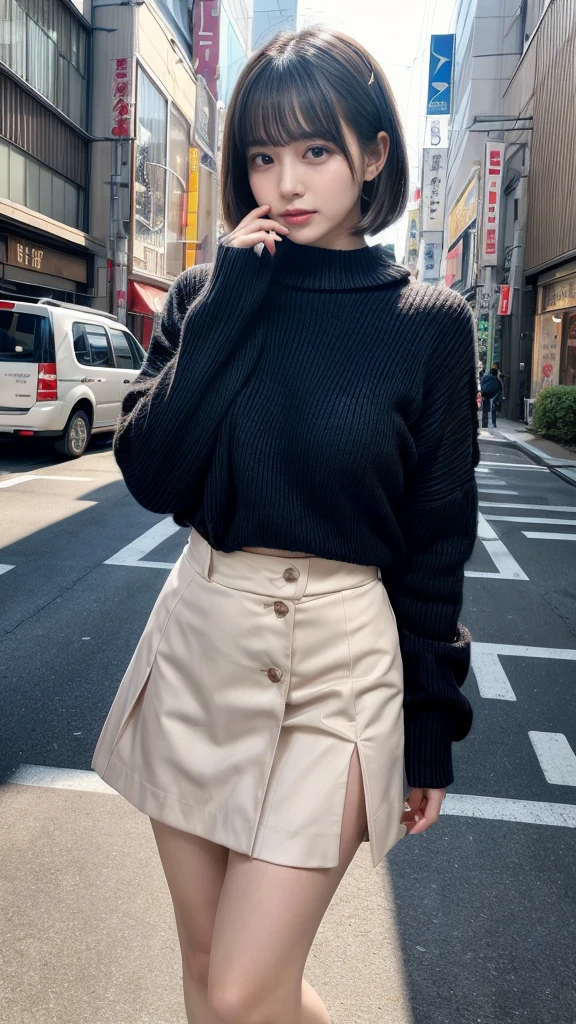 masterpiece, best quality, illustration, Super detailed, fine details, High resolution, 8K,wall paper, perfect dynamic composition,(Details High quality, realistic depiction of eyes:1.3), short hair, Gorgeous and stylish black fluffy latest trend Tokyo winter clothes, wool sweater, A-line skirt, short bob hair, black hair color, Big Natural Color Lip, sexy pose, crying a little、Harajuku style、20 year old girl、cute type、ta, hposing Gravure Idol, full body photo、focus on crotch, huge breasts