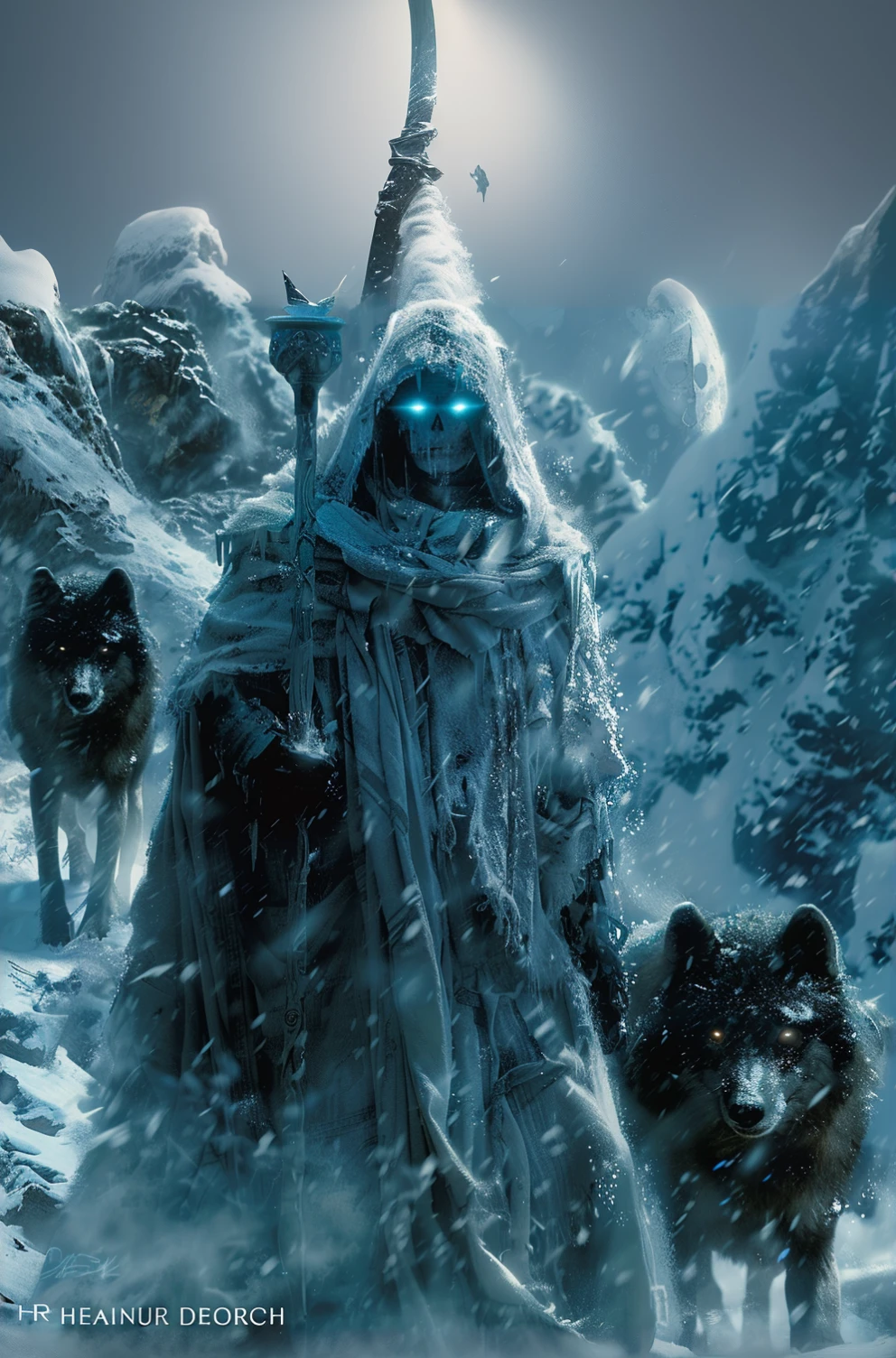 there is a man with a scythe standing in the snow with two dogs, god of winter, Andreas Rocha e John Howe, andreas rocha style, winter concept art, 4k fantasy artwork, e Mumford Tom Bagshaw, Kerem couplet, painted by andreas rocha, epic fantasy digital art, bussiere rutkowski andreas rocha, by Andreas Rocha