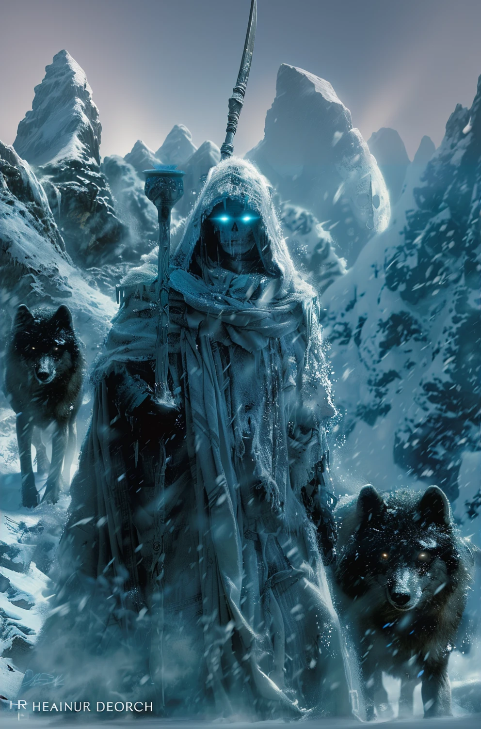 there is a man with a scythe standing in the snow with two dogs, god of winter, Andreas Rocha e John Howe, andreas rocha style, winter concept art, 4k fantasy artwork, e Mumford Tom Bagshaw, Kerem couplet, painted by andreas rocha, epic fantasy digital art, bussiere rutkowski andreas rocha, by Andreas Rocha