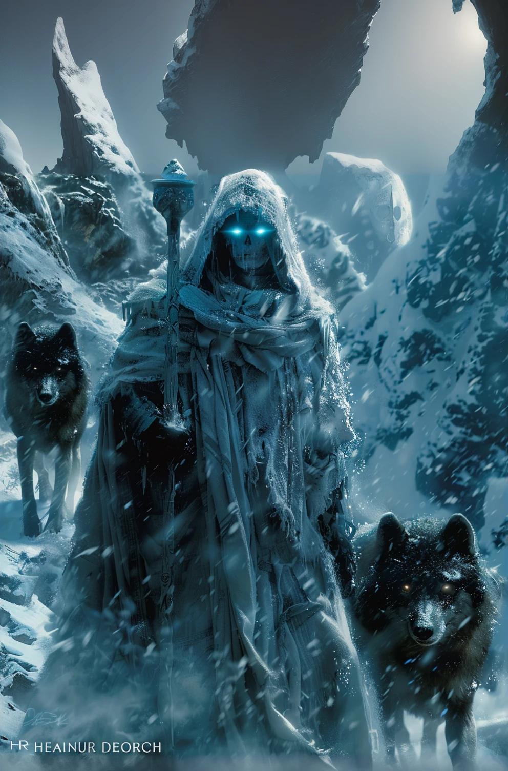 there is a man with a scythe standing in the snow with two dogs, god of winter, Andreas Rocha e John Howe, andreas rocha style, winter concept art, 4k fantasy artwork, e Mumford Tom Bagshaw, Kerem couplet, painted by andreas rocha, epic fantasy digital art, bussiere rutkowski andreas rocha, by Andreas Rocha