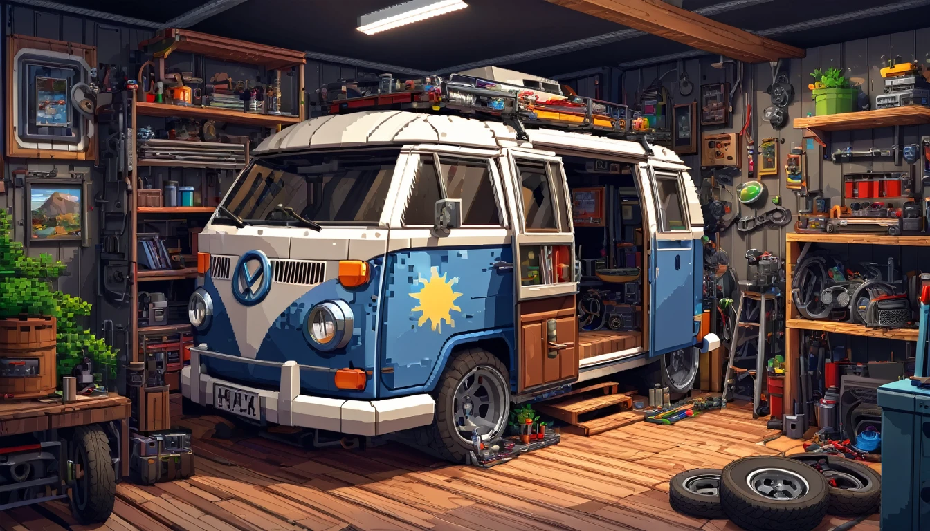 A man crafted a Camper Van from leftover car parts, showcasing his ingenuity and resourcefulness. Using discarded panels, tires, and salvaged mechanical components, he meticulously pieced together the vehicle in his workshop, Landscape, Pixel Art, HDR, High Detailed, dark room.