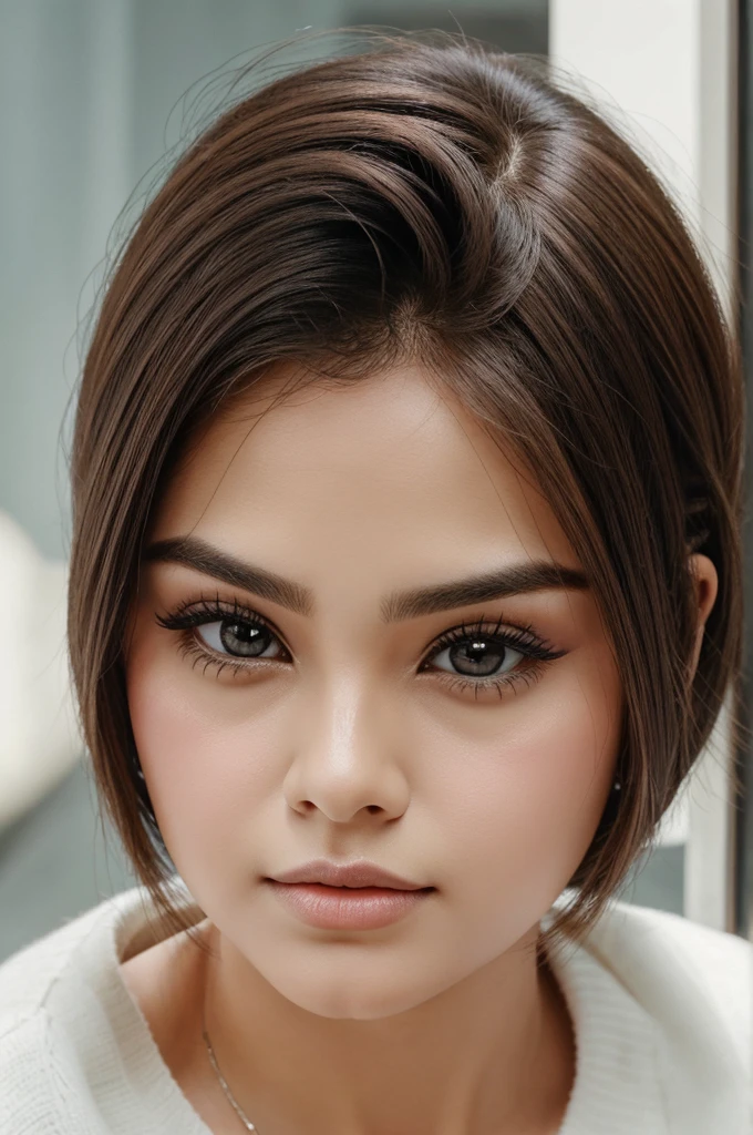 A hirl which has big eyes, straight nose,thick lips,oval face and wolf cut hairstyle