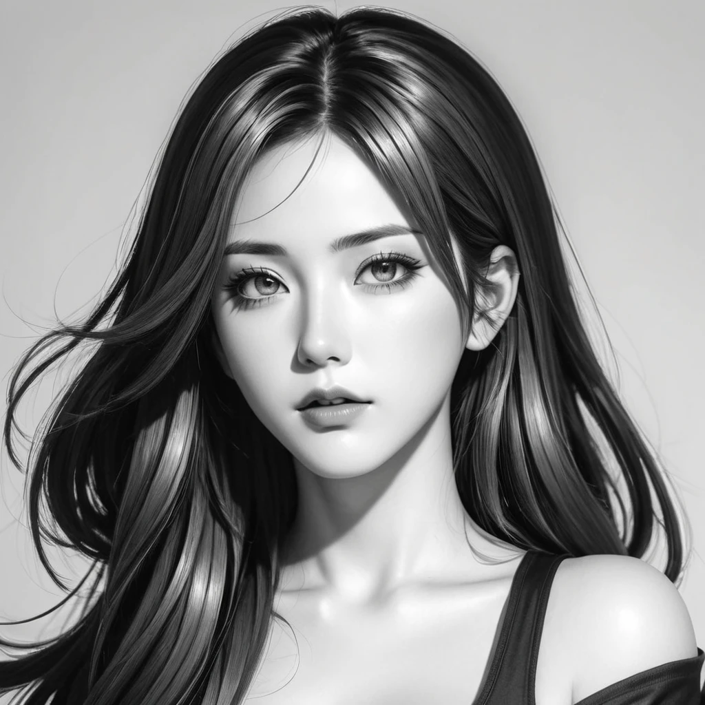a drawing of a woman with long hair and a black top, black and white manga style, extremely detailed artgerm, Android 21 , style artgerm, detailed anime character art, detailed manga style, saiyan girl, clean detailed anime style, anime style illustration, in the style artgerm, striking manga artstyle